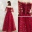 Fashion Red Evening Dresses  2020 A-Line / Princess Off-The-Shoulder 1/2 Sleeves Glitter Star Sequins Floor-Length / Long Ruffle Backless Formal Dresses