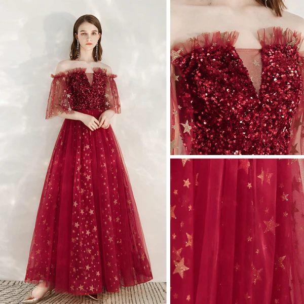 Fashion Red Evening Dresses  2020 A-Line / Princess Off-The-Shoulder 1/2 Sleeves Glitter Star Sequins Floor-Length / Long Ruffle Backless Formal Dresses