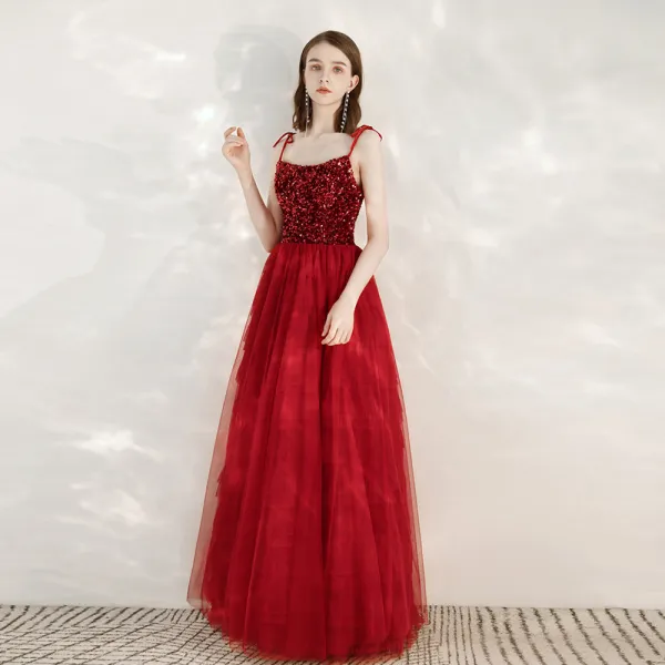 Chic / Beautiful Red Evening Dresses  2020 A-Line / Princess Spaghetti Straps Sleeveless Sequins Floor-Length / Long Ruffle Backless Formal Dresses