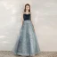Fashion Ink Blue Evening Dresses  2020 A-Line / Princess Spaghetti Straps Sleeveless Sequins Beading Floor-Length / Long Ruffle Backless Formal Dresses