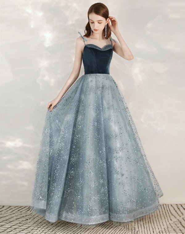 Fashion Ink Blue Evening Dresses  2020 A-Line / Princess Spaghetti Straps Sleeveless Sequins Beading Floor-Length / Long Ruffle Backless Formal Dresses