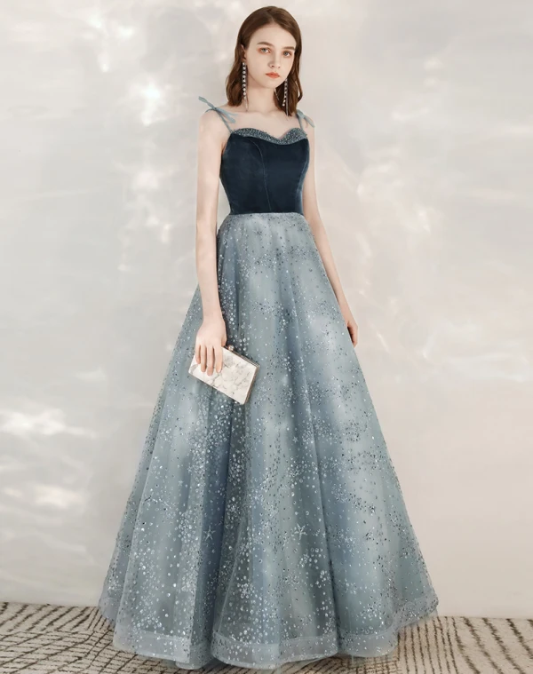 Fashion Ink Blue Evening Dresses  2020 A-Line / Princess Spaghetti Straps Sleeveless Sequins Beading Floor-Length / Long Ruffle Backless Formal Dresses