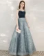 Fashion Ink Blue Evening Dresses  2020 A-Line / Princess Spaghetti Straps Sleeveless Sequins Beading Floor-Length / Long Ruffle Backless Formal Dresses