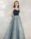 Fashion Ink Blue Evening Dresses  2020 A-Line / Princess Spaghetti Straps Sleeveless Sequins Beading Floor-Length / Long Ruffle Backless Formal Dresses