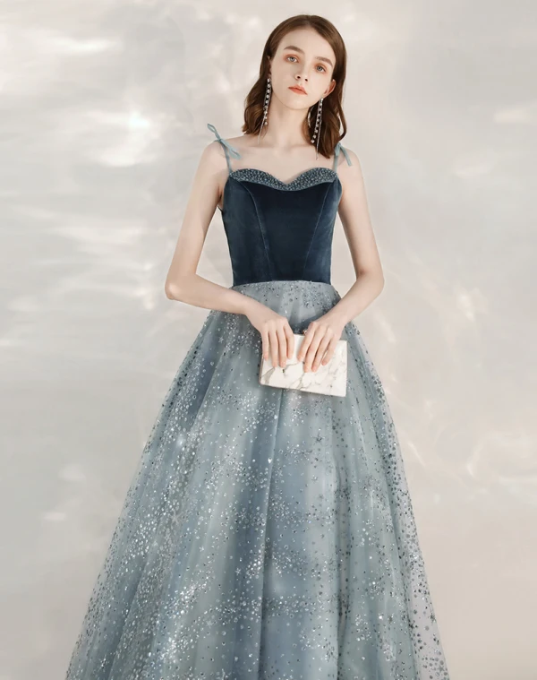 Fashion Ink Blue Evening Dresses  2020 A-Line / Princess Spaghetti Straps Sleeveless Sequins Beading Floor-Length / Long Ruffle Backless Formal Dresses