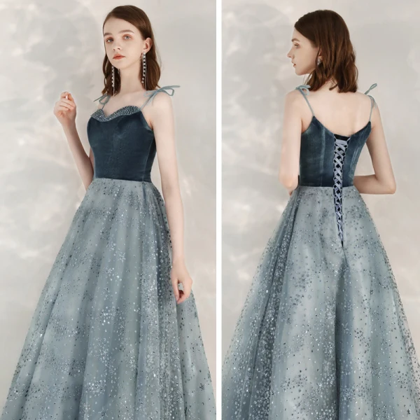 Fashion Ink Blue Evening Dresses  2020 A-Line / Princess Spaghetti Straps Sleeveless Sequins Beading Floor-Length / Long Ruffle Backless Formal Dresses