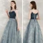 Fashion Ink Blue Evening Dresses  2020 A-Line / Princess Spaghetti Straps Sleeveless Sequins Beading Floor-Length / Long Ruffle Backless Formal Dresses