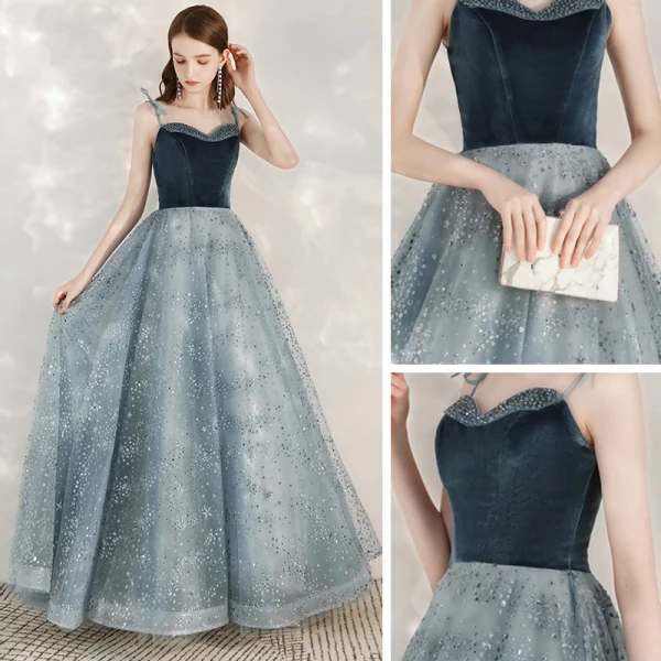 Fashion Ink Blue Evening Dresses  2020 A-Line / Princess Spaghetti Straps Sleeveless Sequins Beading Floor-Length / Long Ruffle Backless Formal Dresses