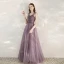 Elegant Grape Evening Dresses  2020 A-Line / Princess Shoulders Short Sleeve Beading Floor-Length / Long Ruffle Backless Formal Dresses