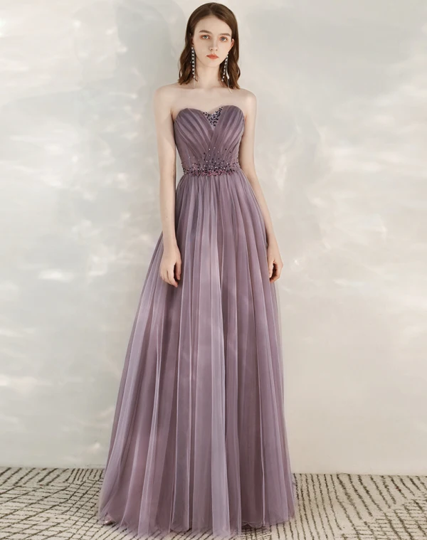 Elegant Grape Evening Dresses  2020 A-Line / Princess Shoulders Short Sleeve Beading Floor-Length / Long Ruffle Backless Formal Dresses