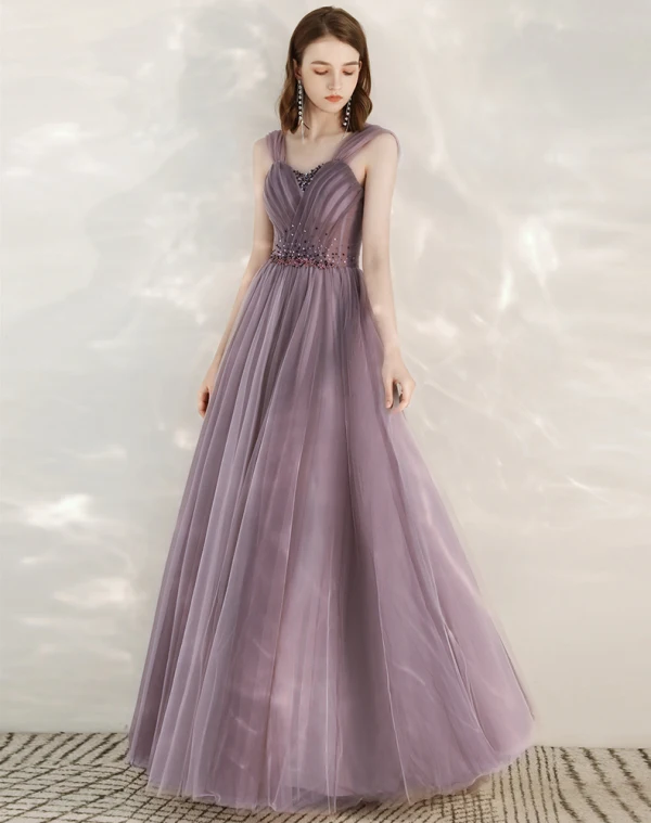 Elegant Grape Evening Dresses  2020 A-Line / Princess Shoulders Short Sleeve Beading Floor-Length / Long Ruffle Backless Formal Dresses