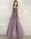 Elegant Grape Evening Dresses  2020 A-Line / Princess Shoulders Short Sleeve Beading Floor-Length / Long Ruffle Backless Formal Dresses