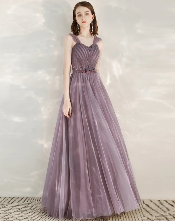 Elegant Grape Evening Dresses  2020 A-Line / Princess Shoulders Short Sleeve Beading Floor-Length / Long Ruffle Backless Formal Dresses