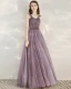 Elegant Grape Evening Dresses  2020 A-Line / Princess Shoulders Short Sleeve Beading Floor-Length / Long Ruffle Backless Formal Dresses