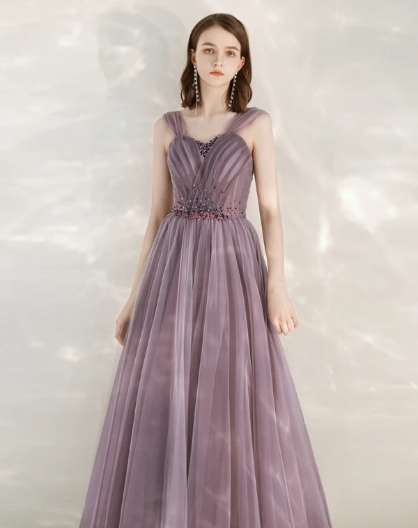 Elegant Grape Evening Dresses  2020 A-Line / Princess Shoulders Short Sleeve Beading Floor-Length / Long Ruffle Backless Formal Dresses
