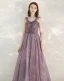 Elegant Grape Evening Dresses  2020 A-Line / Princess Shoulders Short Sleeve Beading Floor-Length / Long Ruffle Backless Formal Dresses
