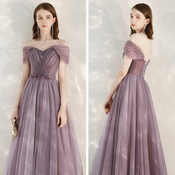 Elegant Grape Evening Dresses  2020 A-Line / Princess Shoulders Short Sleeve Beading Floor-Length / Long Ruffle Backless Formal Dresses