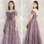 Elegant Grape Evening Dresses  2020 A-Line / Princess Shoulders Short Sleeve Beading Floor-Length / Long Ruffle Backless Formal Dresses