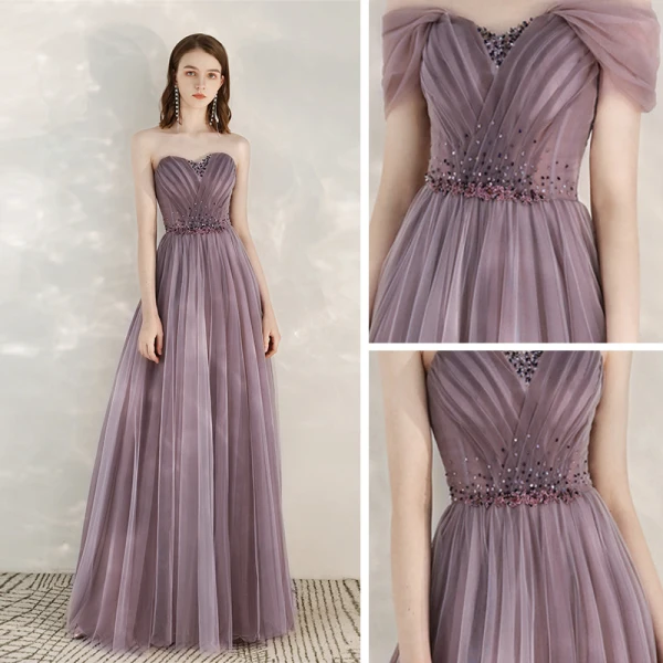 Elegant Grape Evening Dresses  2020 A-Line / Princess Shoulders Short Sleeve Beading Floor-Length / Long Ruffle Backless Formal Dresses
