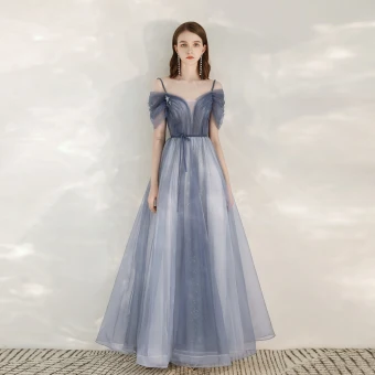 Élégant Bleu Ciel Robe De Soirée 2020 Princesse Bretelles Spaghetti Manches Courtes Glitter Tulle Ceinture Longue Volants Dos Nu Robe De Ceremonie