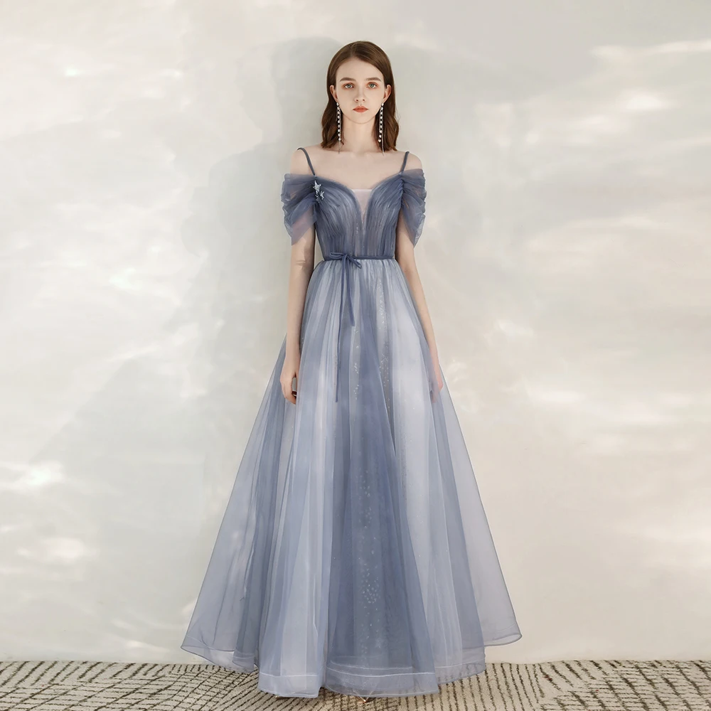 Elegant Sky Blue Evening Dresses 2020 A Line Princess Spaghetti Straps Short Sleeve Glitter Tulle Sash Floor Length Long Ruffle Backless Formal Dresses Elegant Sky Blue Evening Dresses 2020 A Line Princess Spaghetti Straps Short Sleeve Glitter Tulle Sash Floor Length Long Ruffle Backless Formal Dresses