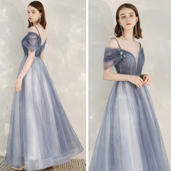 Eleganckie Błękitne Sukienki Wieczorowe 2020 Princessa Spaghetti Pasy Kótkie Rękawy Cekinami Tiulowe Szarfa Długie Wzburzyć Bez Pleców Sukienki Wizytowe