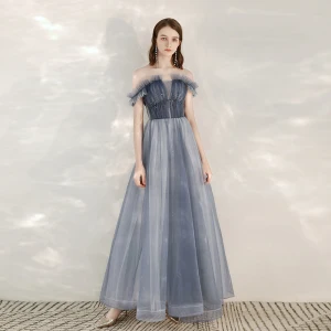 Élégant Bleu Ciel Robe De Soirée 2020 Princesse De L 039 Épaule Manches Courtes Glitter Tulle Perlage Longue Volants Dos Nu Robe De Ceremonie