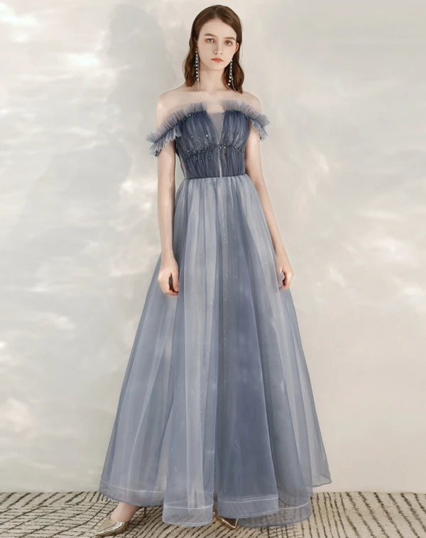 Elegant Sky Blue Evening Dresses  2020 A-Line / Princess Off-The-Shoulder Short Sleeve Glitter Tulle Beading Floor-Length / Long Ruffle Backless Formal Dresses