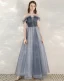 Elegant Sky Blue Evening Dresses  2020 A-Line / Princess Off-The-Shoulder Short Sleeve Glitter Tulle Beading Floor-Length / Long Ruffle Backless Formal Dresses