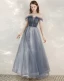Elegant Sky Blue Evening Dresses  2020 A-Line / Princess Off-The-Shoulder Short Sleeve Glitter Tulle Beading Floor-Length / Long Ruffle Backless Formal Dresses