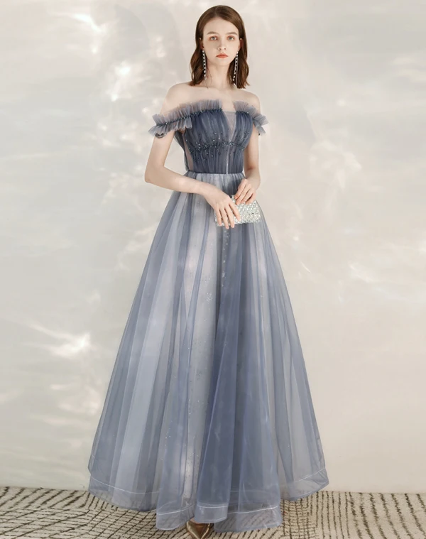 Elegant Sky Blue Evening Dresses  2020 A-Line / Princess Off-The-Shoulder Short Sleeve Glitter Tulle Beading Floor-Length / Long Ruffle Backless Formal Dresses