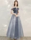 Elegant Sky Blue Evening Dresses  2020 A-Line / Princess Off-The-Shoulder Short Sleeve Glitter Tulle Beading Floor-Length / Long Ruffle Backless Formal Dresses