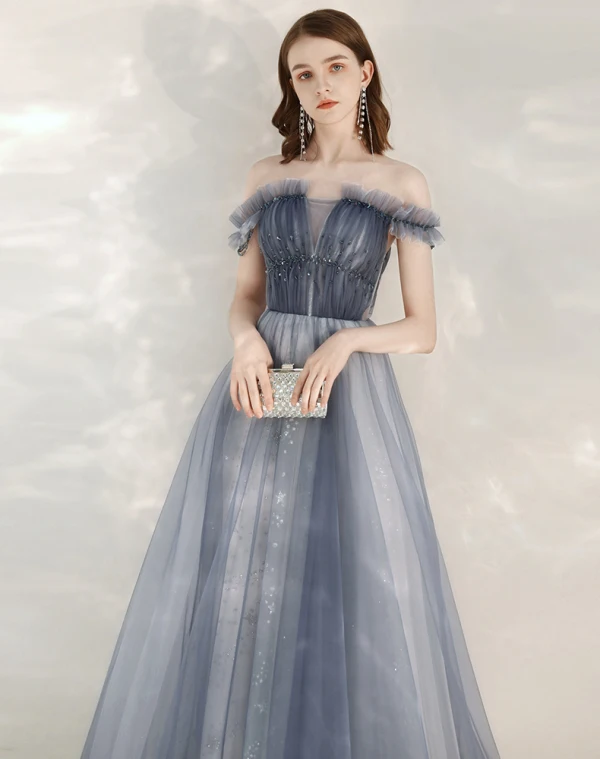 Elegant Sky Blue Evening Dresses  2020 A-Line / Princess Off-The-Shoulder Short Sleeve Glitter Tulle Beading Floor-Length / Long Ruffle Backless Formal Dresses