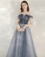 Elegant Sky Blue Evening Dresses  2020 A-Line / Princess Off-The-Shoulder Short Sleeve Glitter Tulle Beading Floor-Length / Long Ruffle Backless Formal Dresses