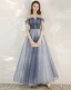 Elegant Sky Blue Evening Dresses  2020 A-Line / Princess Off-The-Shoulder Short Sleeve Glitter Tulle Beading Floor-Length / Long Ruffle Backless Formal Dresses