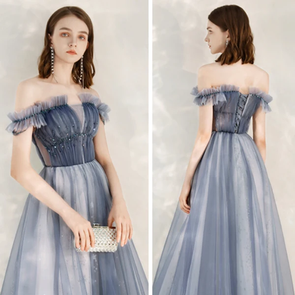 Elegant Sky Blue Evening Dresses  2020 A-Line / Princess Off-The-Shoulder Short Sleeve Glitter Tulle Beading Floor-Length / Long Ruffle Backless Formal Dresses