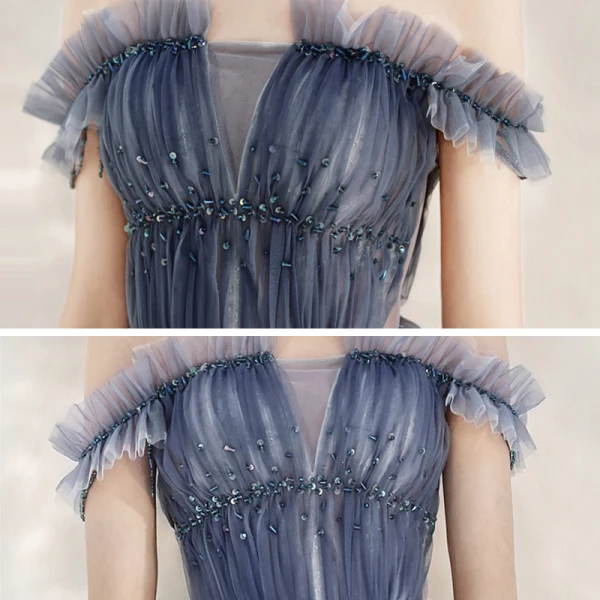 Elegant Sky Blue Evening Dresses  2020 A-Line / Princess Off-The-Shoulder Short Sleeve Glitter Tulle Beading Floor-Length / Long Ruffle Backless Formal Dresses