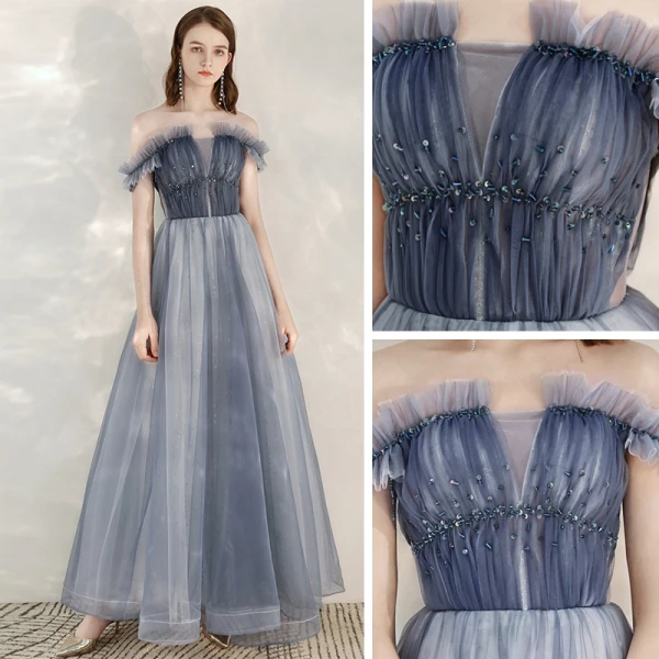 Elegant Sky Blue Evening Dresses  2020 A-Line / Princess Off-The-Shoulder Short Sleeve Glitter Tulle Beading Floor-Length / Long Ruffle Backless Formal Dresses