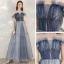 Elegant Sky Blue Evening Dresses  2020 A-Line / Princess Off-The-Shoulder Short Sleeve Glitter Tulle Beading Floor-Length / Long Ruffle Backless Formal Dresses