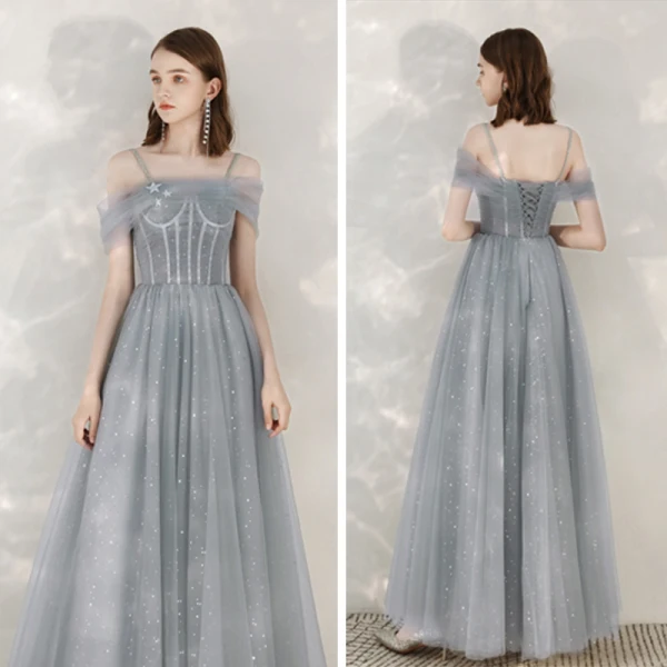 Elegante Grau Abendkleider 2020 A Linie Spaghettiträger Kurze Ärmel Star Pailletten Lange Rüschen Rückenfreies Festliche Kleider