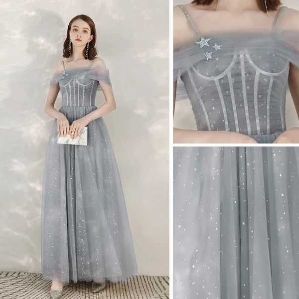 Elegante Grau Abendkleider 2020 A Linie Spaghettiträger Kurze Ärmel Star Pailletten Lange Rüschen Rückenfreies Festliche Kleider
