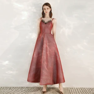Chic Beautiful Red Homecoming Graduation Dresses 2020 A Line Princess Spaghetti Straps Sleeveless Spotted Tulle Glitter Polyester Ankle Length Ruffle Backless Formal Dresses