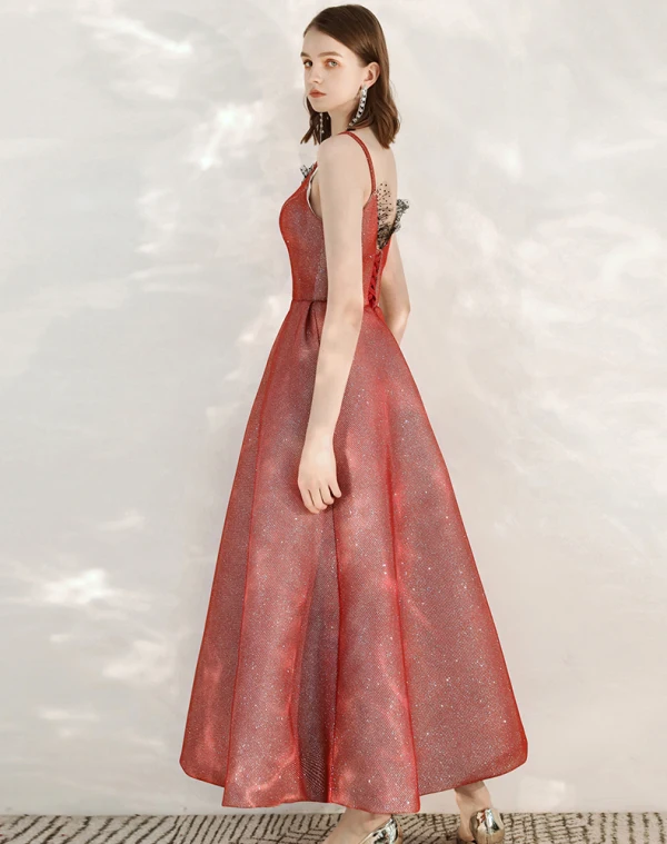 Chic / Belle Rouge de retour Robe De Graduation 2020 Princesse Bretelles Spaghetti Sans Manches Tachetée Tulle Glitter Polyester Longueur Cheville Volants Dos Nu Robe De Ceremonie