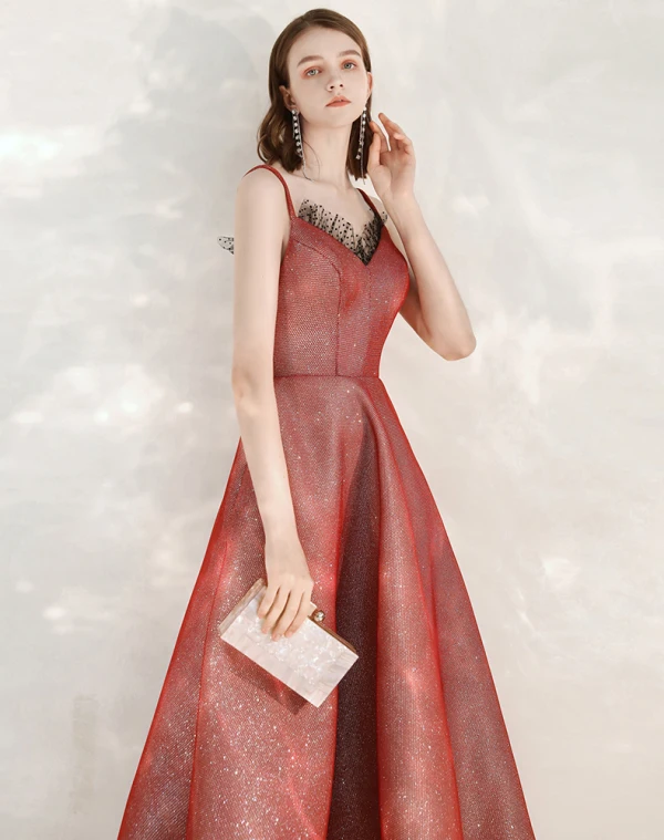 Chic / Belle Rouge de retour Robe De Graduation 2020 Princesse Bretelles Spaghetti Sans Manches Tachetée Tulle Glitter Polyester Longueur Cheville Volants Dos Nu Robe De Ceremonie