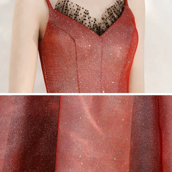 Chic / Belle Rouge de retour Robe De Graduation 2020 Princesse Bretelles Spaghetti Sans Manches Tachetée Tulle Glitter Polyester Longueur Cheville Volants Dos Nu Robe De Ceremonie