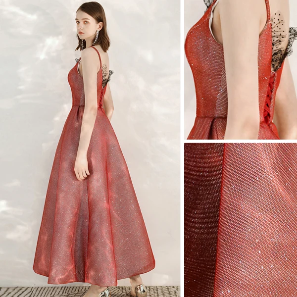 Chic / Belle Rouge de retour Robe De Graduation 2020 Princesse Bretelles Spaghetti Sans Manches Tachetée Tulle Glitter Polyester Longueur Cheville Volants Dos Nu Robe De Ceremonie