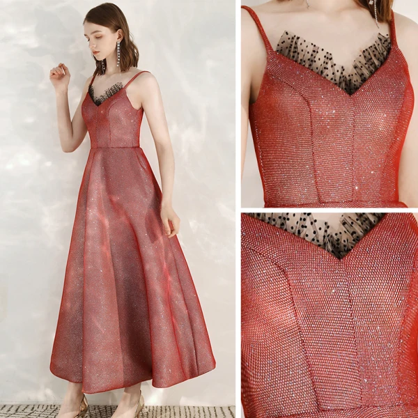 Chic / Belle Rouge de retour Robe De Graduation 2020 Princesse Bretelles Spaghetti Sans Manches Tachetée Tulle Glitter Polyester Longueur Cheville Volants Dos Nu Robe De Ceremonie