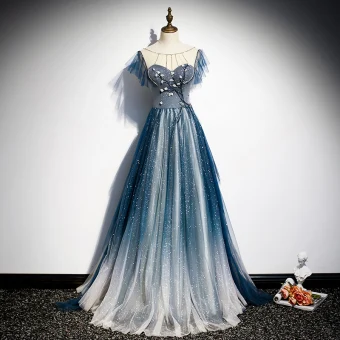 Mode Bleu Marine Transparentes Robe De Soirée 2020 Princesse Encolure Dégagée Sans Manches Appliques Fleur Perlage Glitter Tulle Train De Balayage Volants Dos Nu