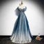 Fashion Navy Blue See-through Evening Dresses  2020 A-Line / Princess Scoop Neck Sleeveless Appliques Flower Beading Glitter Tulle Sweep Train Ruffle Backless