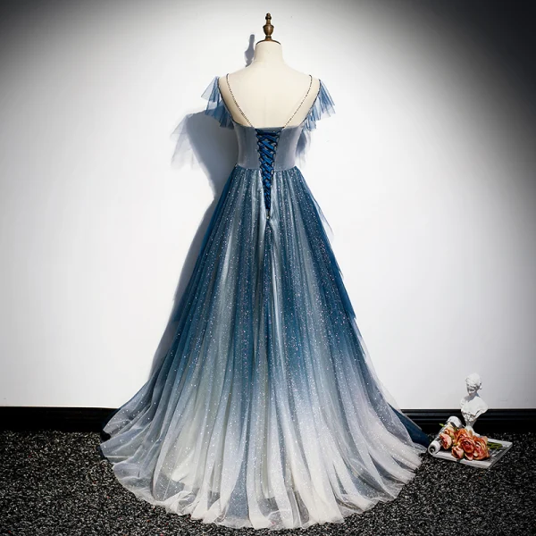 Fashion Navy Blue See-through Evening Dresses 2020 A-Line / Princess Scoop Neck Sleeveless Appliques Flower Beading Glitter Tulle Sweep Train Ruffle Backless